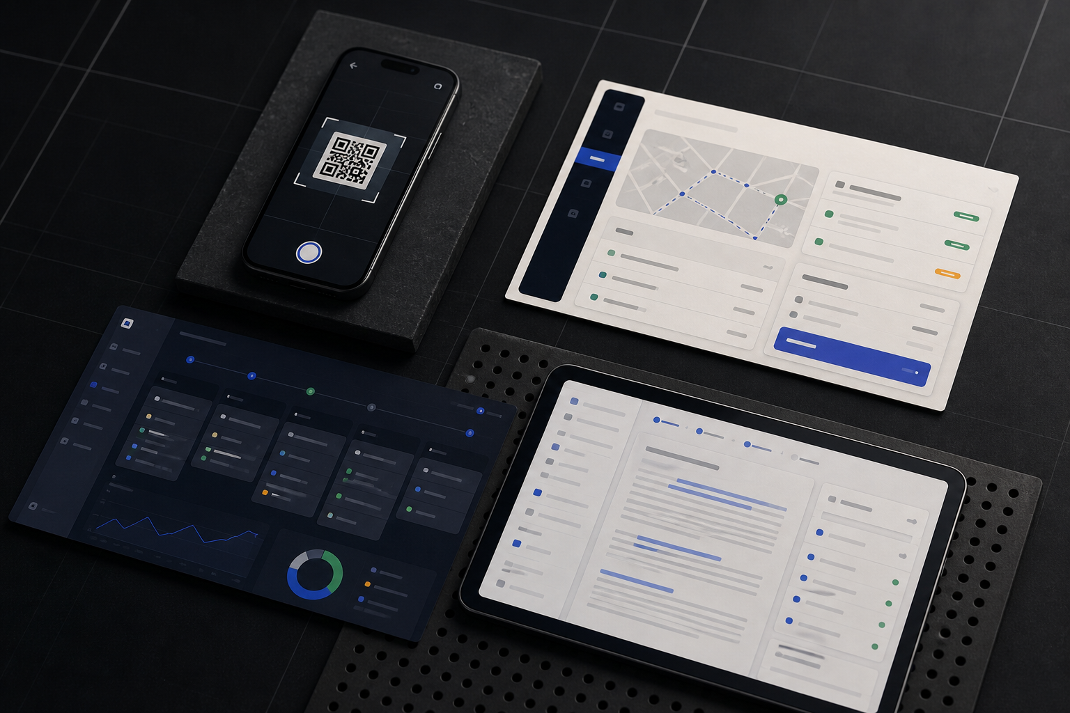 Abstract collage of product case study interfaces